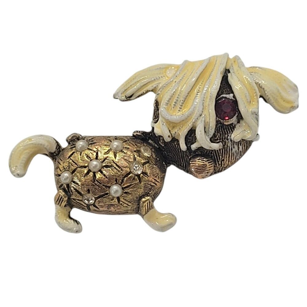 Signed WEISS Shaggy Dog Brooch Gold Tone Enamel Pearl Mid Century Whimsical